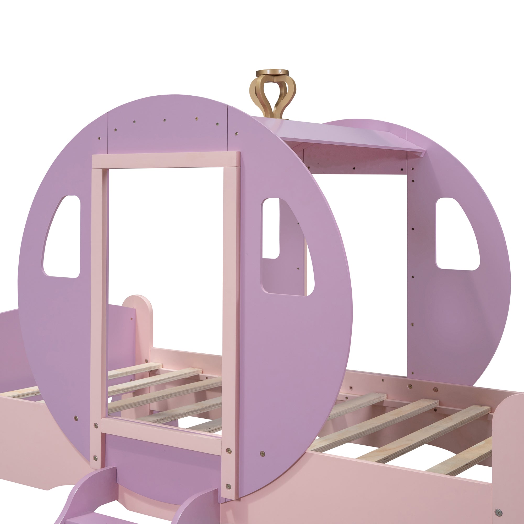 Twin size Princess Carriage Bed with Crown,Wood Platform Car Bed with Stair,Purple+Pink(old sku HL000054AAH) Kid’s Bed