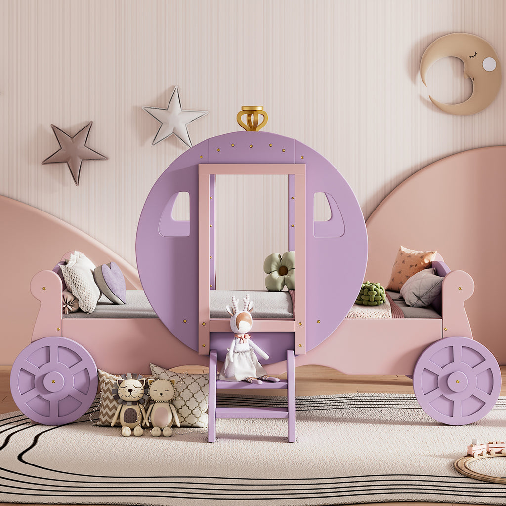 Twin size Princess Carriage Bed with Crown,Wood Platform Car Bed with Stair,Purple+Pink(old sku HL000054AAH) Kid’s Bed
