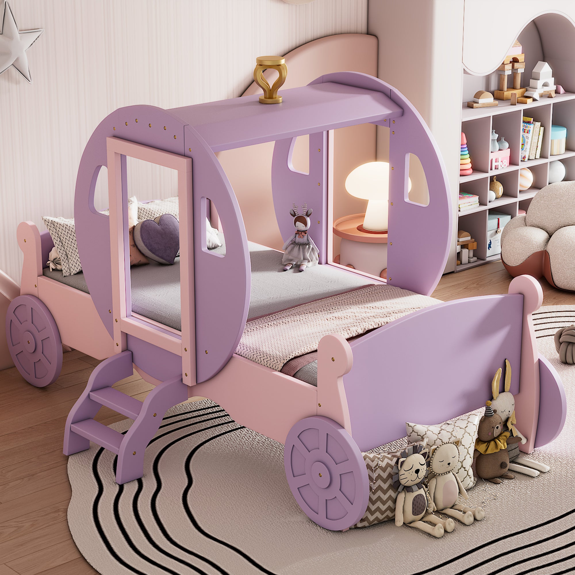 Twin size Princess Carriage Bed with Crown,Wood Platform Car Bed with Stair,Purple+Pink(old sku HL000054AAH) Kid’s Bed