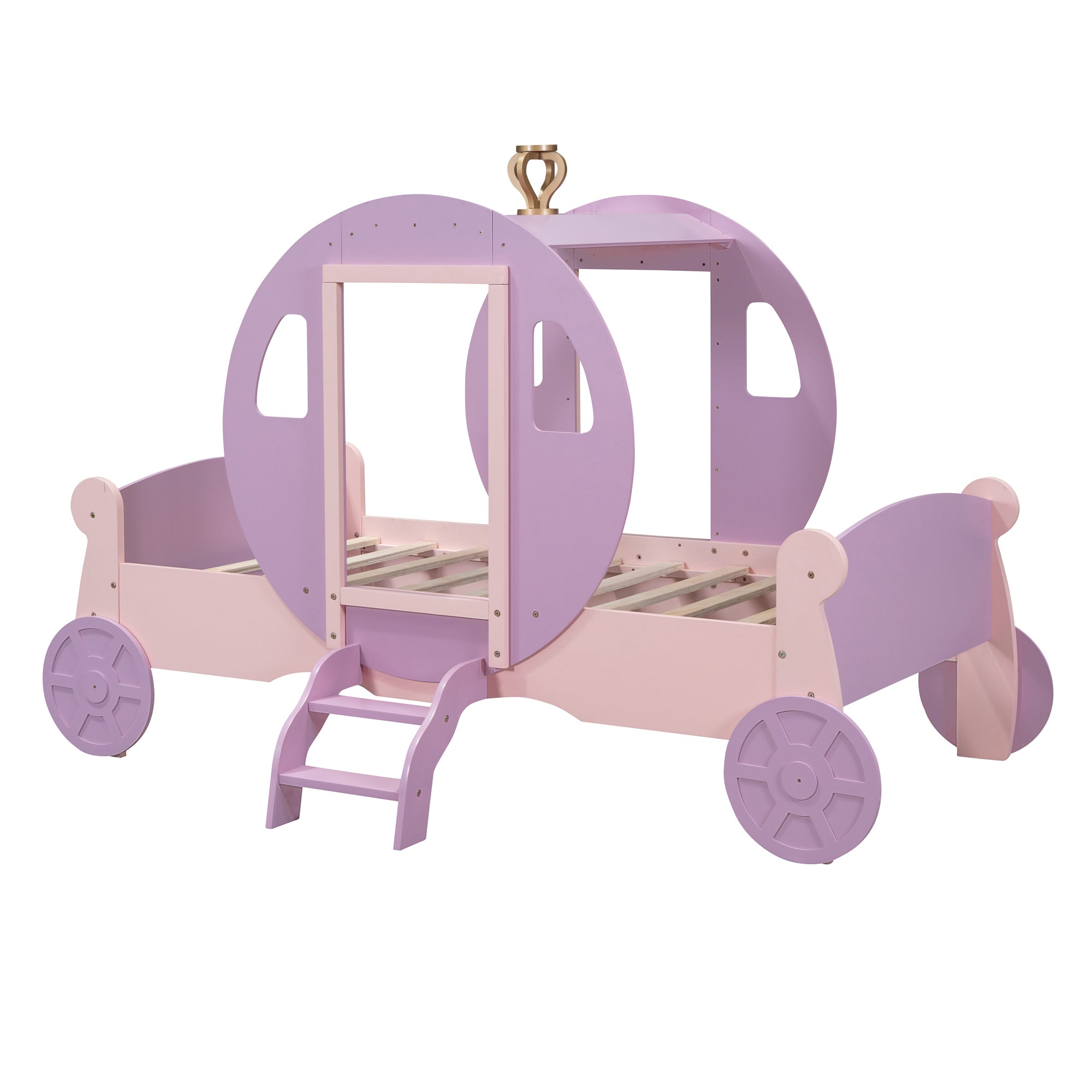 Twin size Princess Carriage Bed with Crown,Wood Platform Car Bed with Stair,Purple+Pink(old sku HL000054AAH) Kid’s Bed
