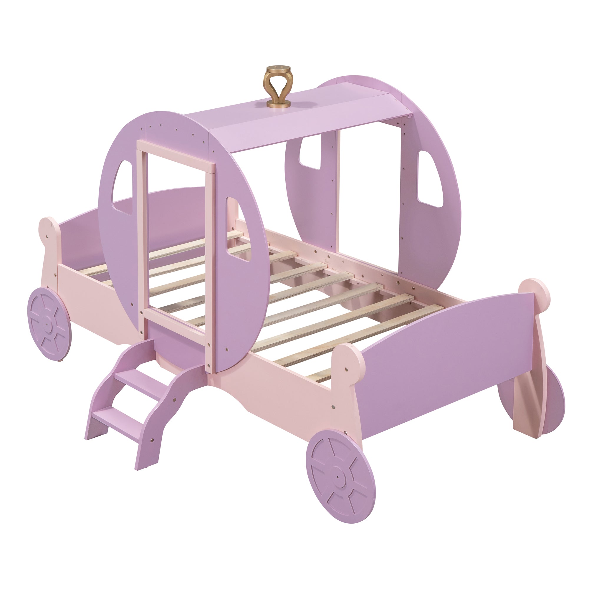 Twin size Princess Carriage Bed with Crown,Wood Platform Car Bed with Stair,Purple+Pink(old sku HL000054AAH) Kid’s Bed