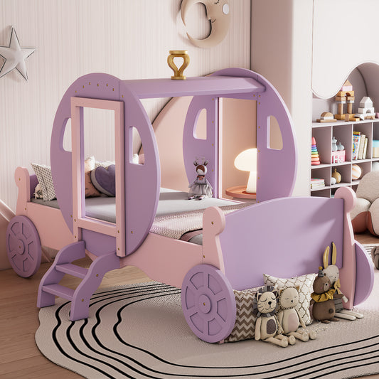 Twin size Princess Carriage Bed with Crown,Wood Platform Car Bed with Stair,Purple+Pink(old sku HL000054AAH) Kid’s Bed