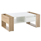 ON-TREND High Glossy Coffee Table with 2 Drawers, Practical Two Tone Center Table with Hidden Compartments, Rectangle Cocktail Table with Open Storage Shelf for Living Room, Bedroom, White, 41.3*23.6