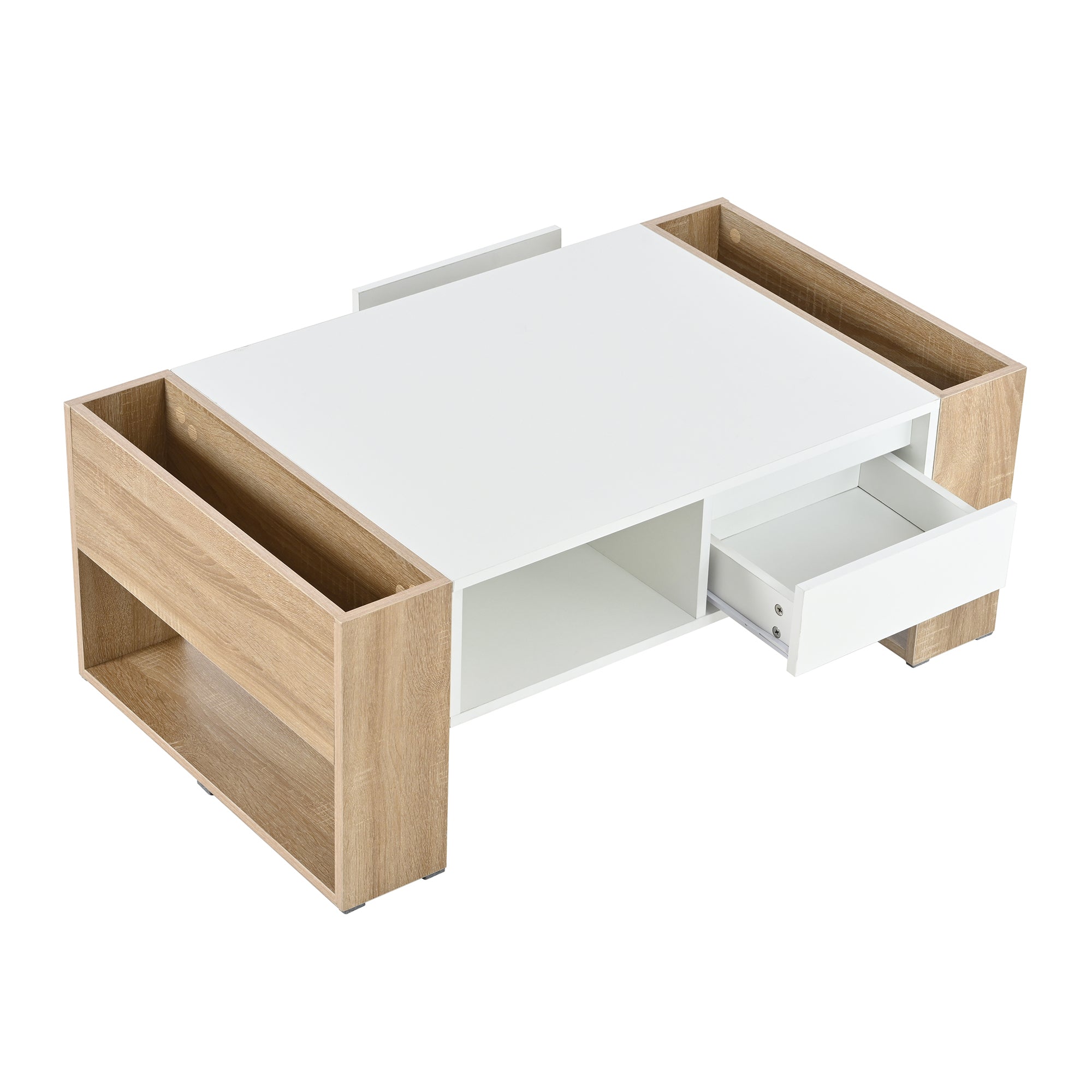 ON-TREND High Glossy Coffee Table with 2 Drawers, Practical Two Tone Center Table with Hidden Compartments, Rectangle Cocktail Table with Open Storage Shelf for Living Room, Bedroom, White, 41.3*23.6