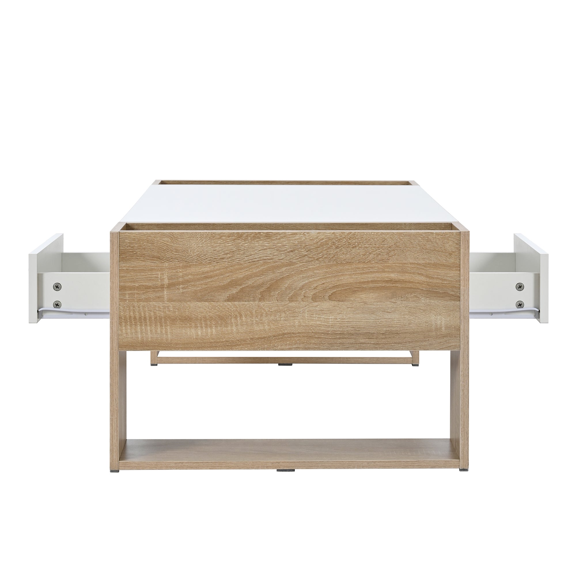 ON-TREND High Glossy Coffee Table with 2 Drawers, Practical Two Tone Center Table with Hidden Compartments, Rectangle Cocktail Table with Open Storage Shelf for Living Room, Bedroom, White, 41.3*23.6