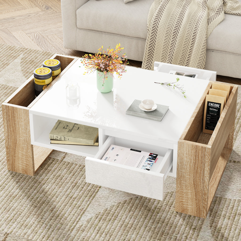 ON-TREND High Glossy Coffee Table with 2 Drawers, Practical Two Tone Center Table with Hidden Compartments, Rectangle Cocktail Table with Open Storage Shelf for Living Room, Bedroom, White, 41.3*23.6