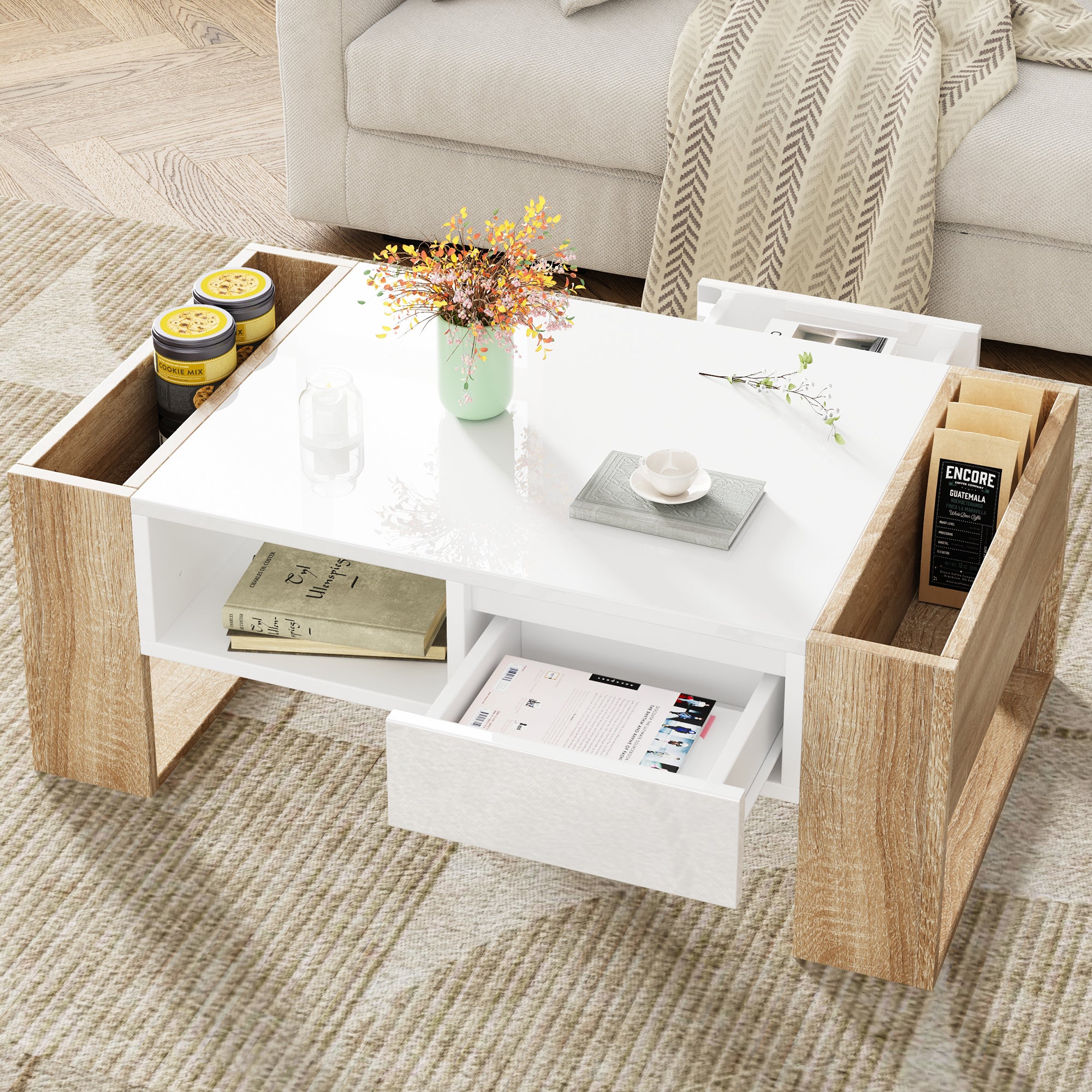 ON-TREND High Glossy Coffee Table with 2 Drawers, Practical Two Tone Center Table with Hidden Compartments, Rectangle Cocktail Table with Open Storage Shelf for Living Room, Bedroom, White, 41.3*23.6