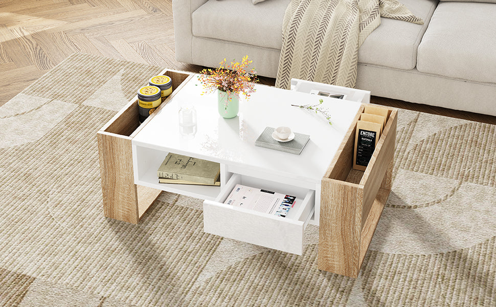 ON-TREND High Glossy Coffee Table with 2 Drawers, Practical Two Tone Center Table with Hidden Compartments, Rectangle Cocktail Table with Open Storage Shelf for Living Room, Bedroom, White, 41.3*23.6