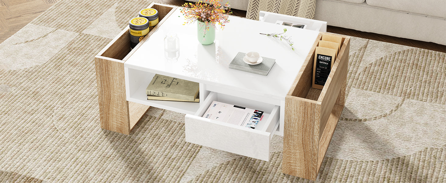ON-TREND High Glossy Coffee Table with 2 Drawers, Practical Two Tone Center Table with Hidden Compartments, Rectangle Cocktail Table with Open Storage Shelf for Living Room, Bedroom, White, 41.3*23.6