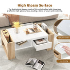 ON-TREND High Glossy Coffee Table with 2 Drawers, Practical Two Tone Center Table with Hidden Compartments, Rectangle Cocktail Table with Open Storage Shelf for Living Room, Bedroom, White, 41.3*23.6