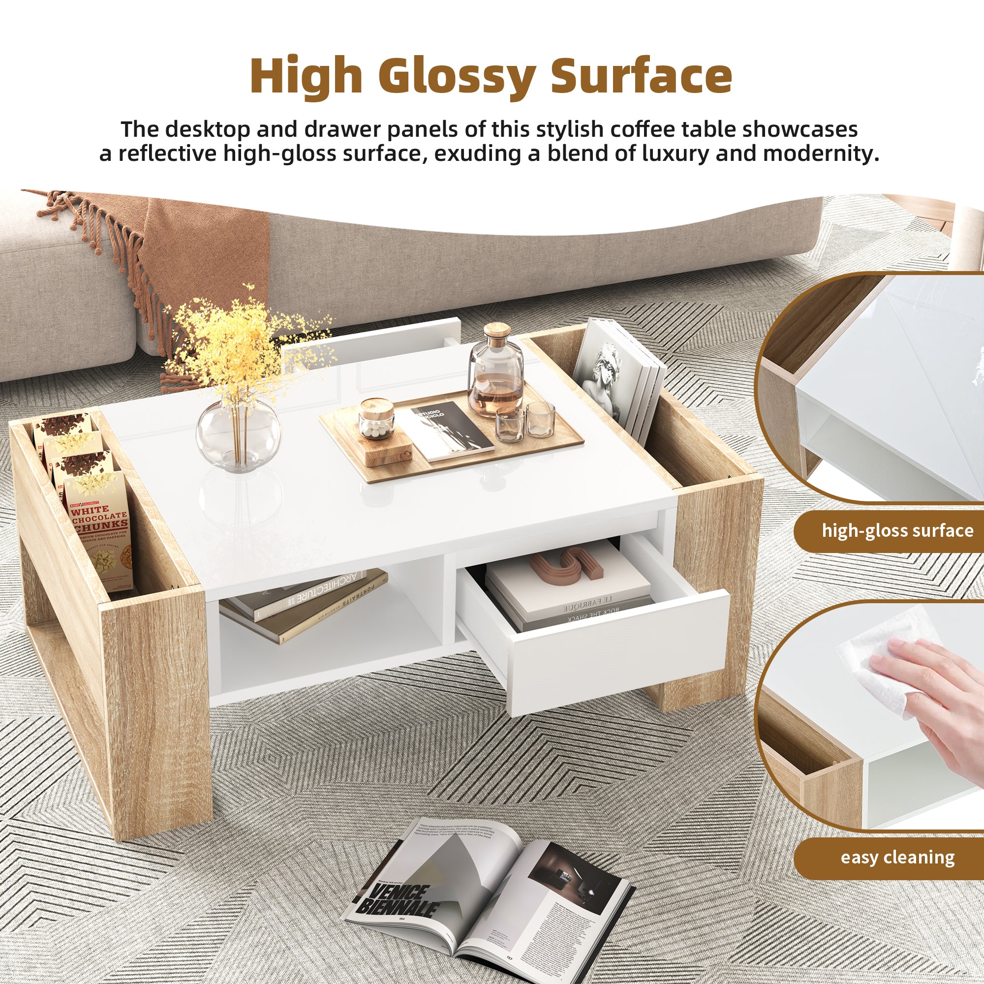 ON-TREND High Glossy Coffee Table with 2 Drawers, Practical Two Tone Center Table with Hidden Compartments, Rectangle Cocktail Table with Open Storage Shelf for Living Room, Bedroom, White, 41.3*23.6