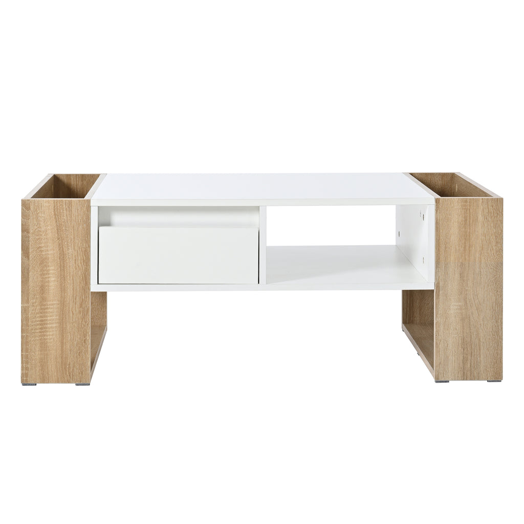 ON-TREND High Glossy Coffee Table with 2 Drawers, Practical Two Tone Center Table with Hidden Compartments, Rectangle Cocktail Table with Open Storage Shelf for Living Room, Bedroom, White, 41.3*23.6