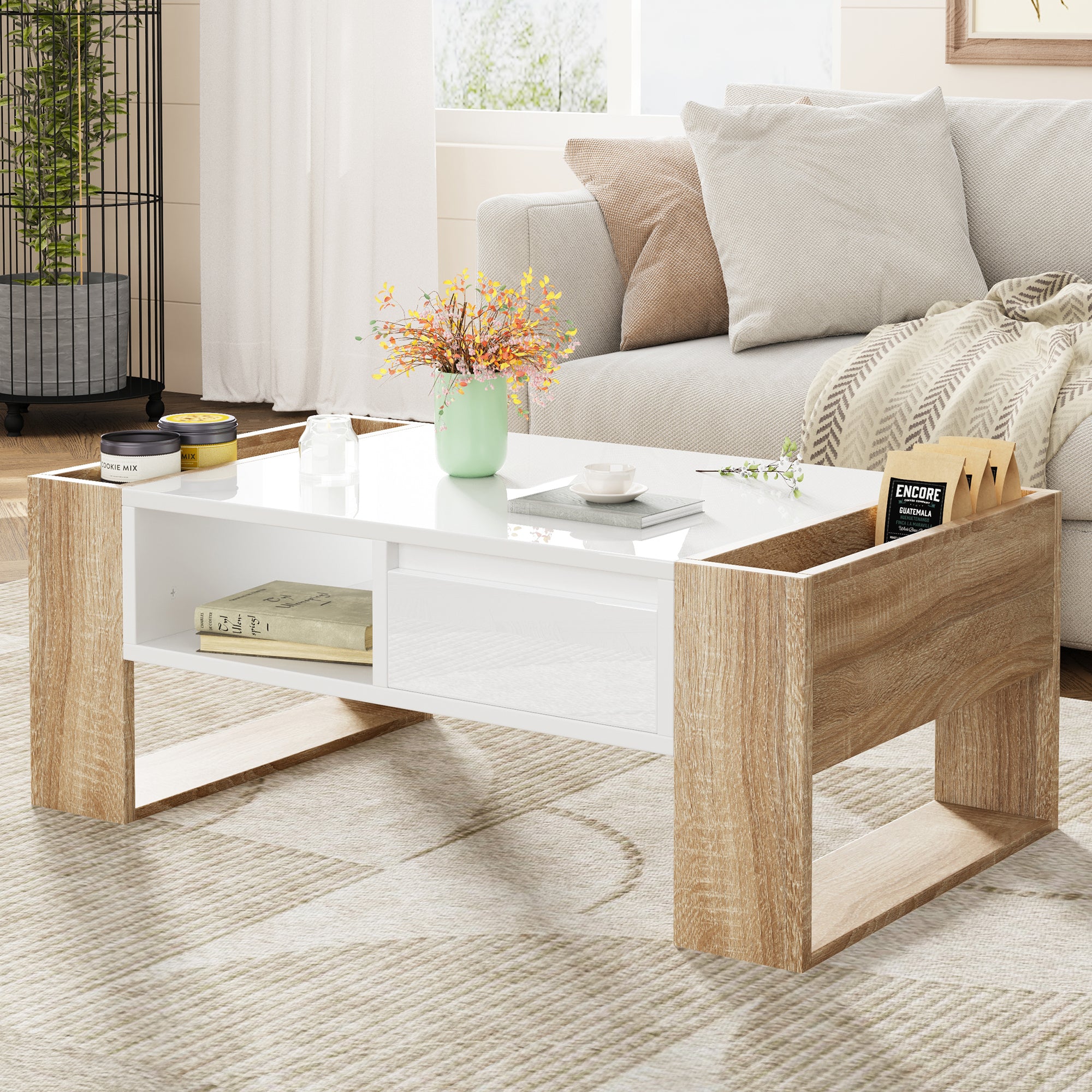 ON-TREND High Glossy Coffee Table with 2 Drawers, Practical Two Tone Center Table with Hidden Compartments, Rectangle Cocktail Table with Open Storage Shelf for Living Room, Bedroom, White, 41.3*23.6