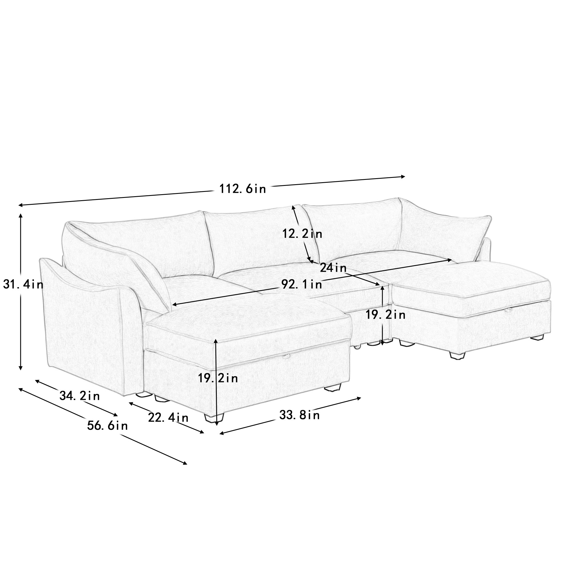 U Shape 3 Seater Deep Seat Sofa Couch with Ottomans,3-Seat Sofa with with 2 Movable Ottomans,Crescent-shaped Armrests And Wraparound Back & Armrest Cushions, Oversized Modular Sectional Sofa with Stor