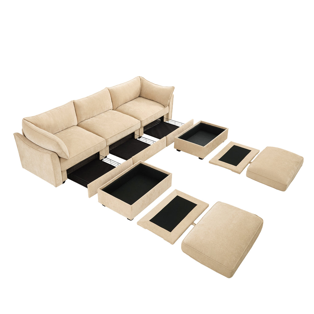 U Shape 3 Seater Deep Seat Sofa Couch with Ottomans,3-Seat Sofa with with 2 Movable Ottomans,Crescent-shaped Armrests And Wraparound Back & Armrest Cushions, Oversized Modular Sectional Sofa with Stor