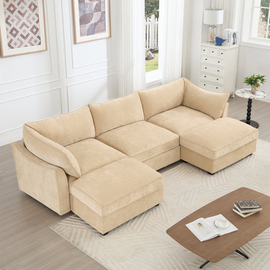 U Shape 3 Seater Deep Seat Sofa Couch with Ottomans,3-Seat Sofa with with 2 Movable Ottomans,Crescent-shaped Armrests And Wraparound Back & Armrest Cushions, Oversized Modular Sectional Sofa with Stor