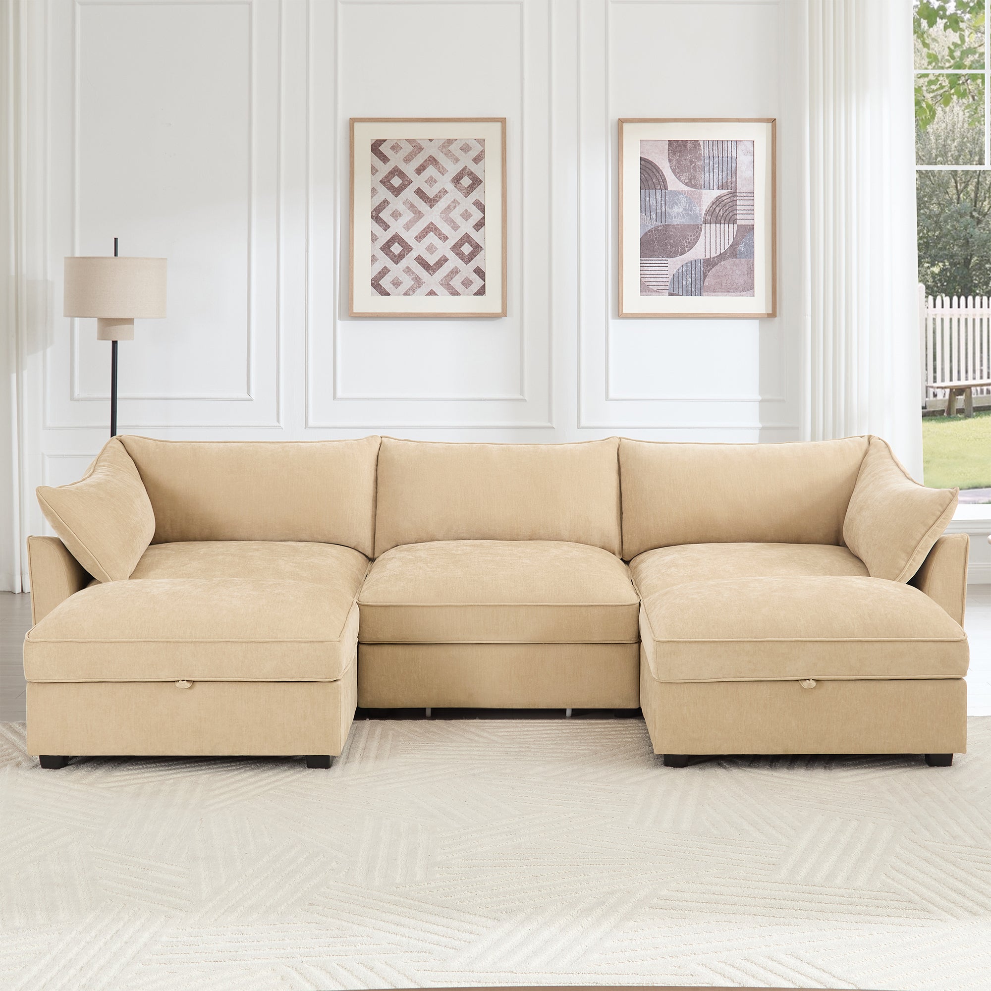 U Shape 3 Seater Deep Seat Sofa Couch with Ottomans,3-Seat Sofa with with 2 Movable Ottomans,Crescent-shaped Armrests And Wraparound Back & Armrest Cushions, Oversized Modular Sectional Sofa with Stor