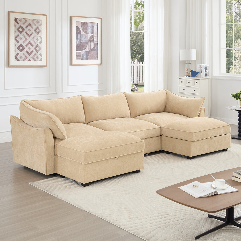 U Shape 3 Seater Deep Seat Sofa Couch with Ottomans,3-Seat Sofa with with 2 Movable Ottomans,Crescent-shaped Armrests And Wraparound Back & Armrest Cushions, Oversized Modular Sectional Sofa with Stor