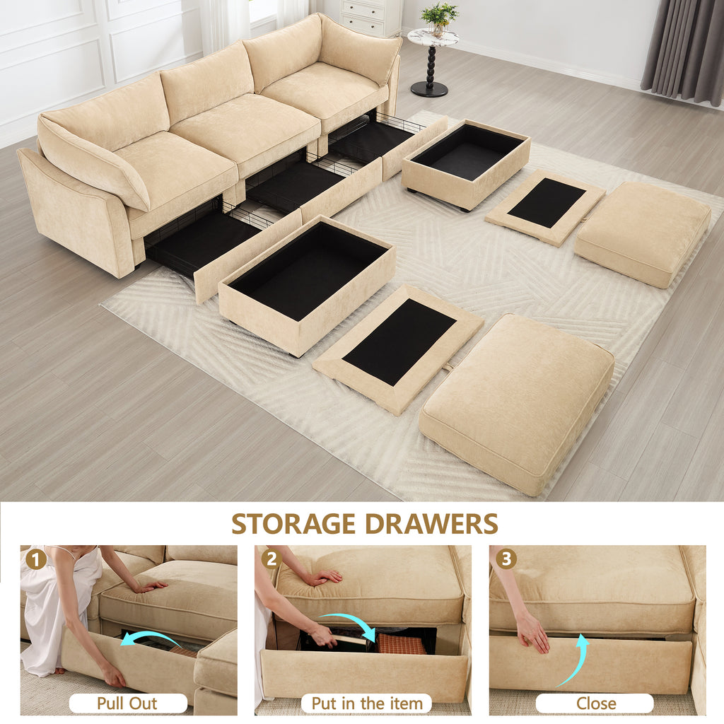 U Shape 3 Seater Deep Seat Sofa Couch with Ottomans,3-Seat Sofa with with 2 Movable Ottomans,Crescent-shaped Armrests And Wraparound Back & Armrest Cushions, Oversized Modular Sectional Sofa with Stor