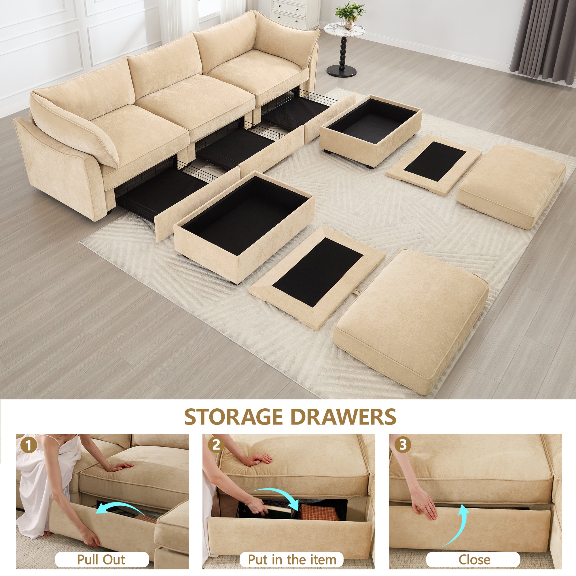 U Shape 3 Seater Deep Seat Sofa Couch with Ottomans,3-Seat Sofa with with 2 Movable Ottomans,Crescent-shaped Armrests And Wraparound Back & Armrest Cushions, Oversized Modular Sectional Sofa with Stor