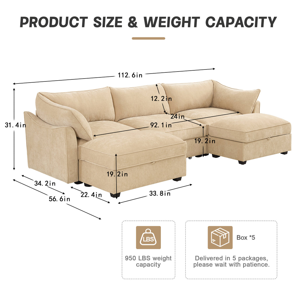 U Shape 3 Seater Deep Seat Sofa Couch with Ottomans,3-Seat Sofa with with 2 Movable Ottomans,Crescent-shaped Armrests And Wraparound Back & Armrest Cushions, Oversized Modular Sectional Sofa with Stor