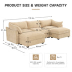 U Shape 3 Seater Deep Seat Sofa Couch with Ottomans,3-Seat Sofa with with 2 Movable Ottomans,Crescent-shaped Armrests And Wraparound Back & Armrest Cushions, Oversized Modular Sectional Sofa with Stor
