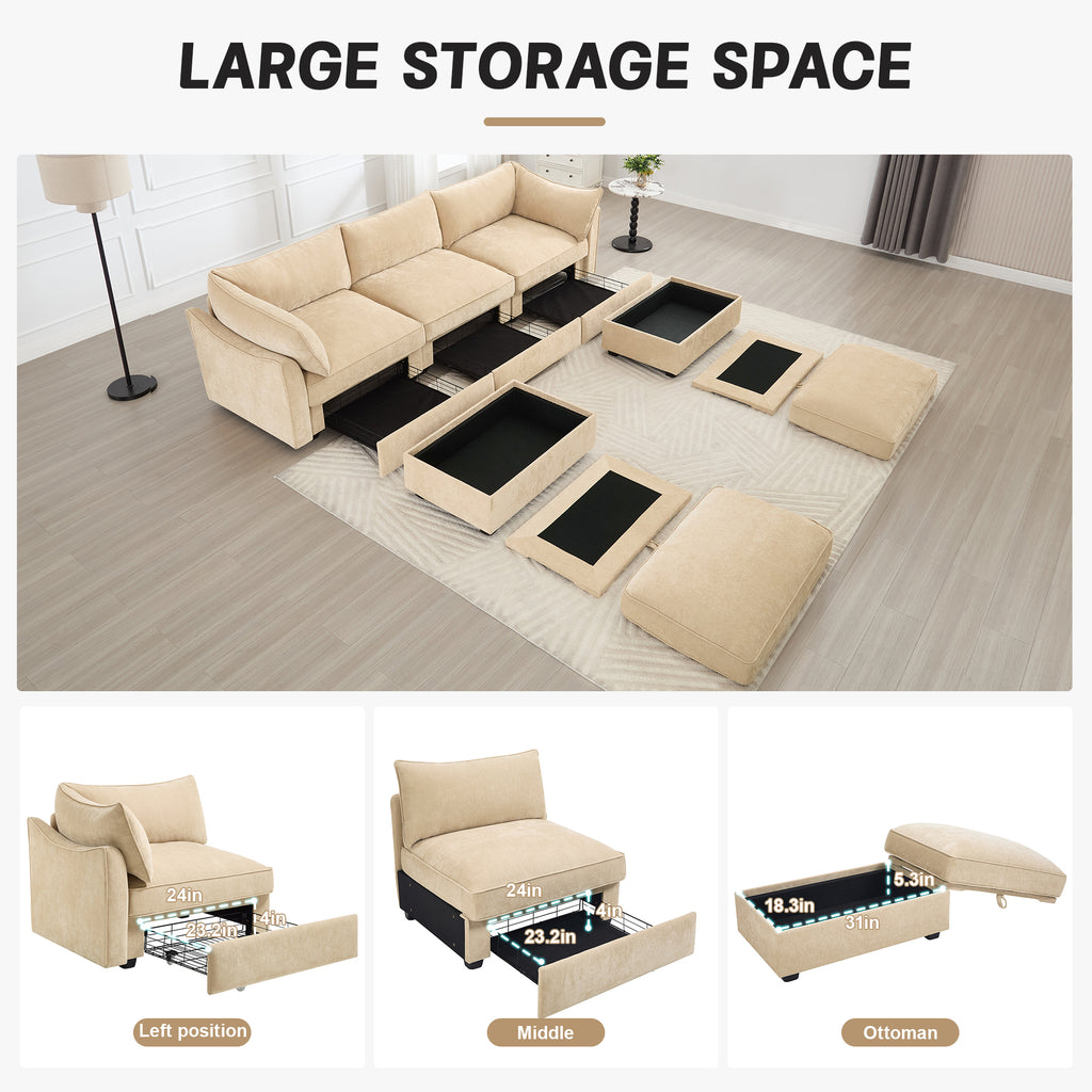 U Shape 3 Seater Deep Seat Sofa Couch with Ottomans,3-Seat Sofa with with 2 Movable Ottomans,Crescent-shaped Armrests And Wraparound Back & Armrest Cushions, Oversized Modular Sectional Sofa with Stor