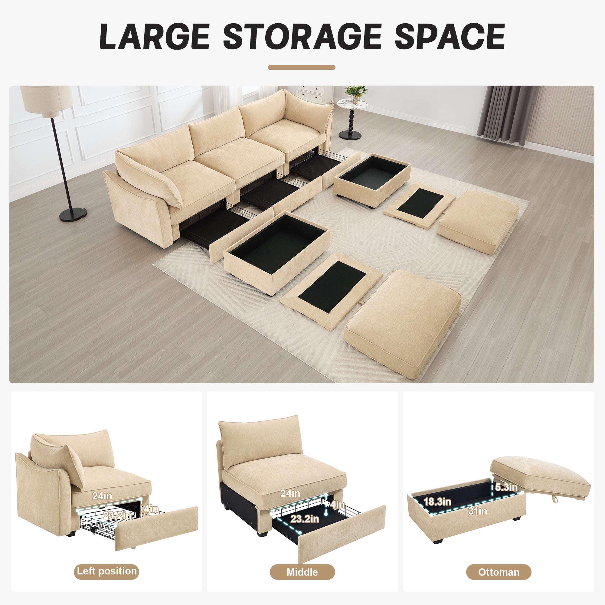 U Shape 3 Seater Deep Seat Sofa Couch with Ottomans,3-Seat Sofa with with 2 Movable Ottomans,Crescent-shaped Armrests And Wraparound Back & Armrest Cushions, Oversized Modular Sectional Sofa with Stor