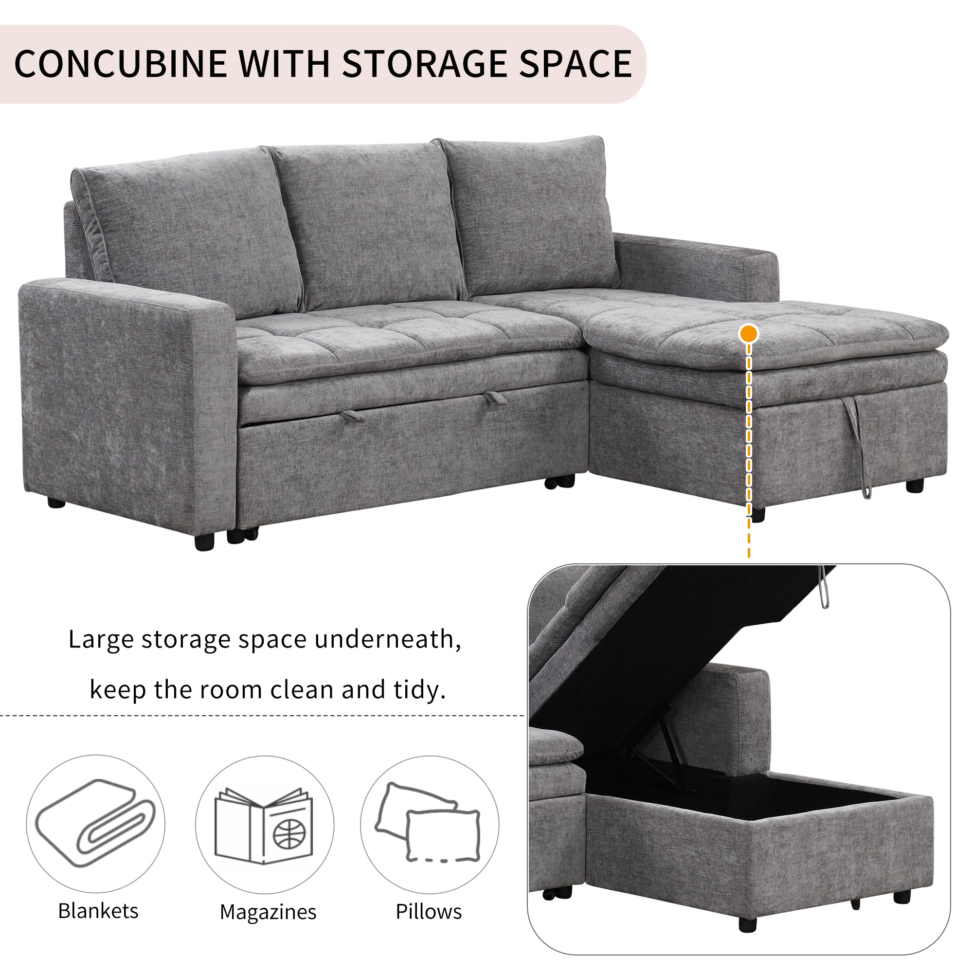 U_STYLE Soft Upholstered Sectional Sofa Bed with Storage Space, Suitable for Living Rooms and Apartments.