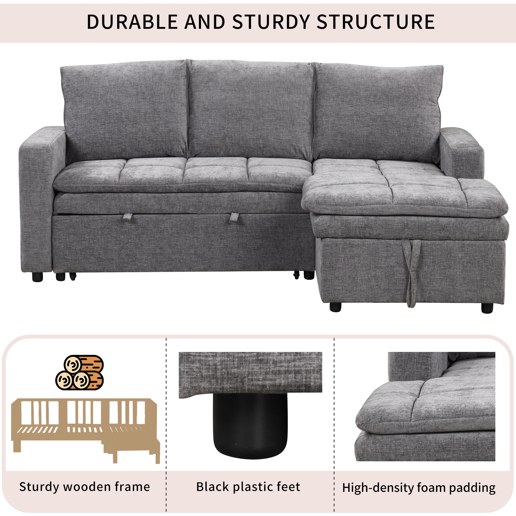 U_STYLE Soft Upholstered Sectional Sofa Bed with Storage Space, Suitable for Living Rooms and Apartments.