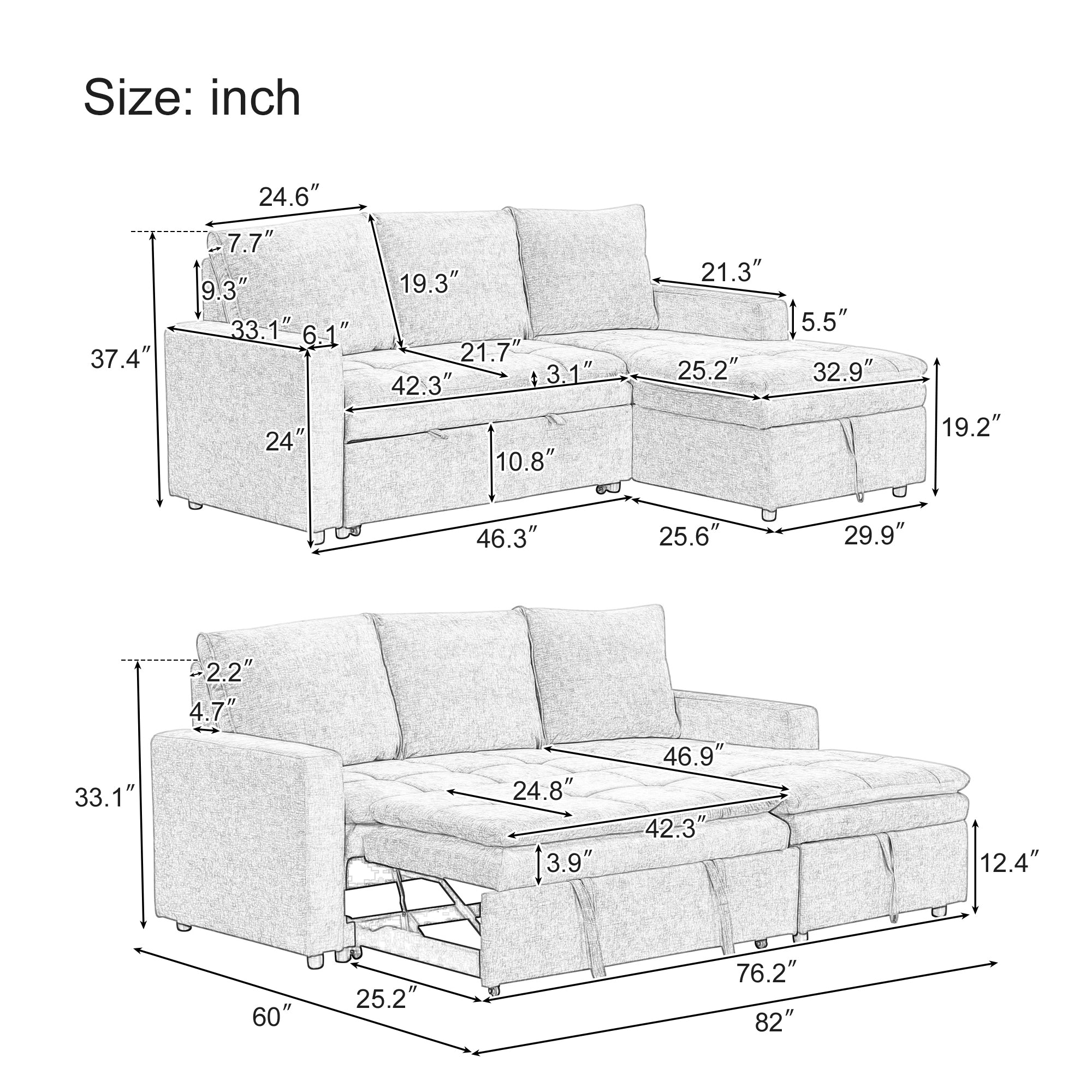 U_STYLE Soft Upholstered Sectional Sofa Bed with Storage Space, Suitable for Living Rooms and Apartments.