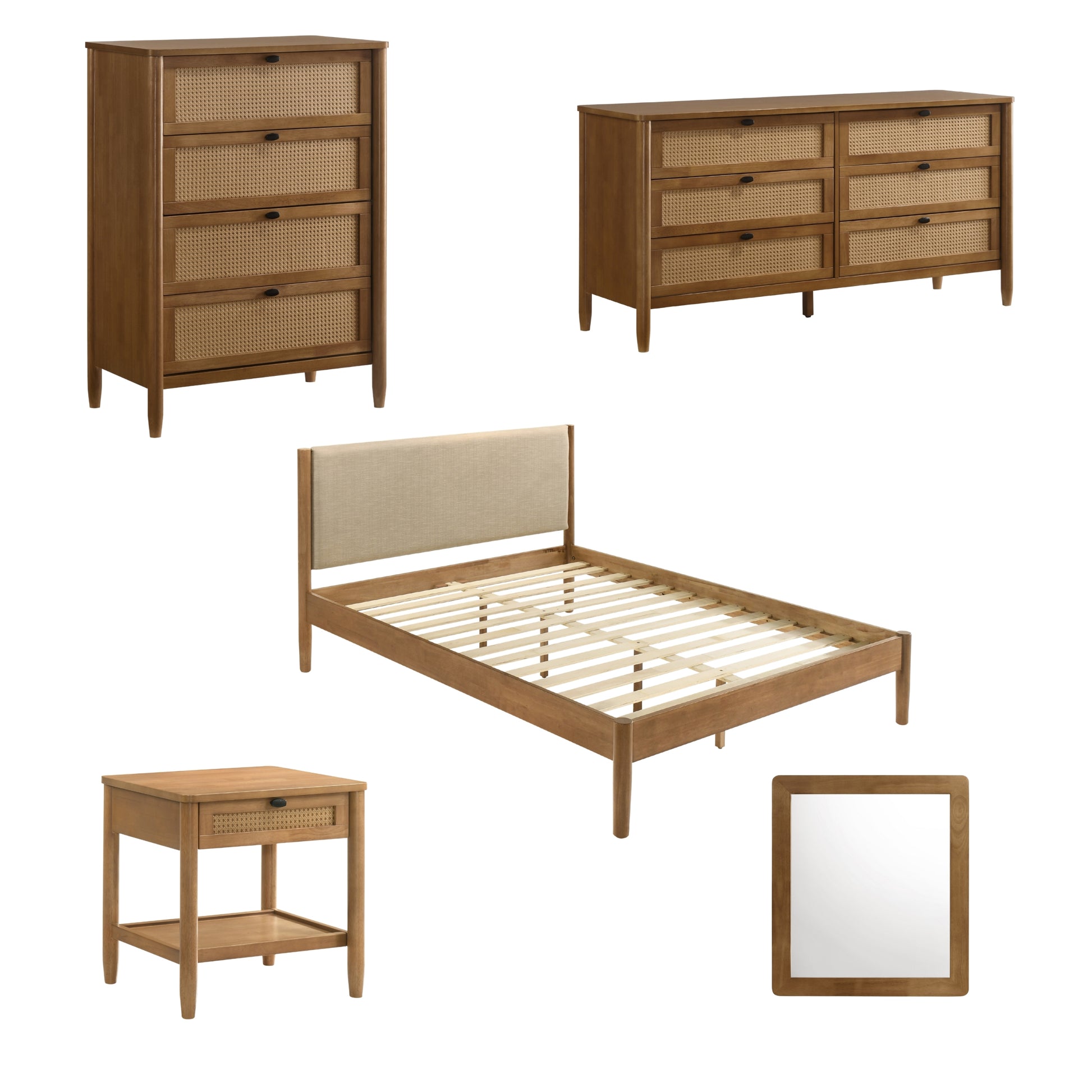 Vichy 5-Piece Wood Rattan Bedroom Set Upholstered Queen Bed, Dresser, Mirror, Nightstand, and Chest Bedroom Set