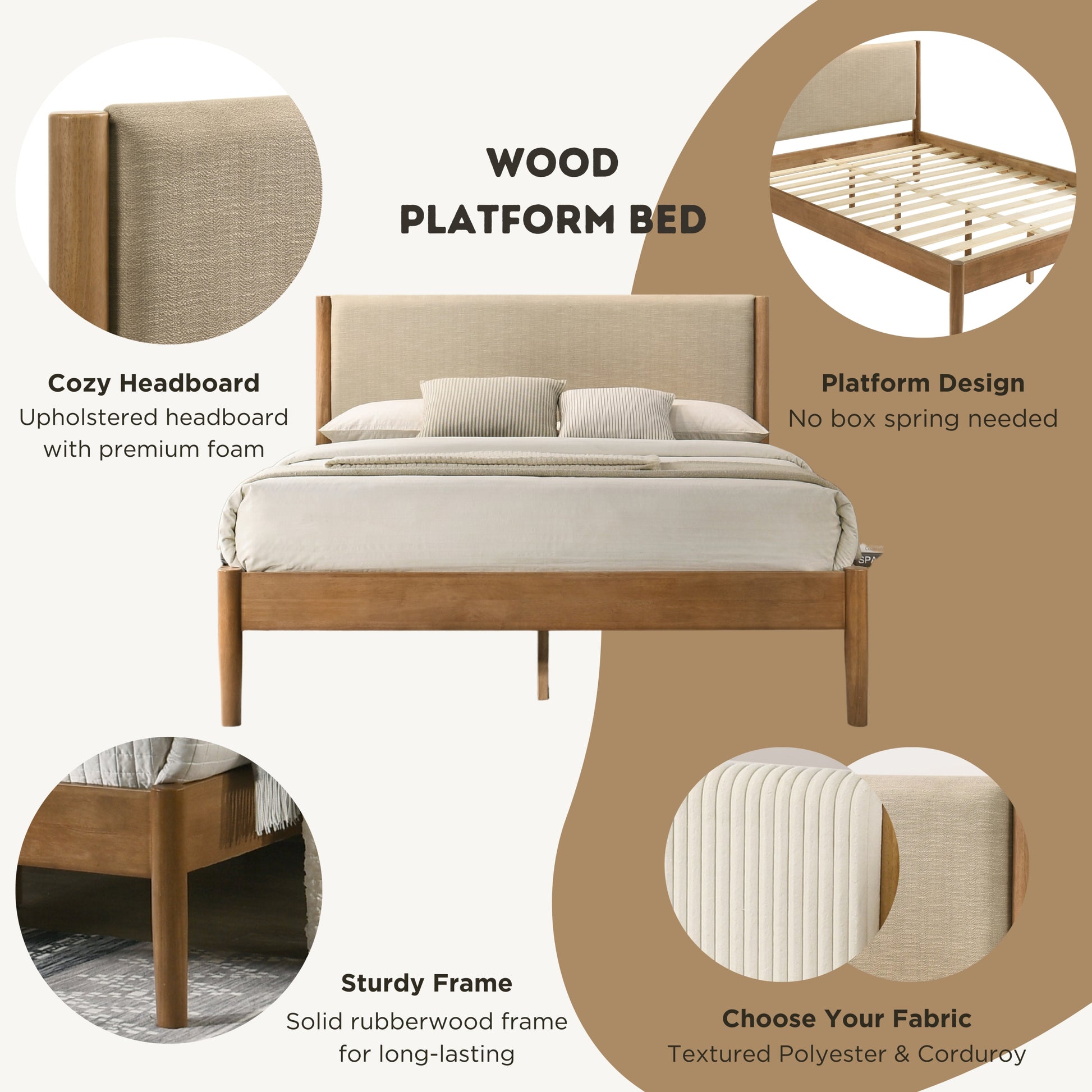 Vichy 5-Piece Wood Rattan Bedroom Set Upholstered Queen Bed, Dresser, Mirror, Nightstand, and Chest Bedroom Set