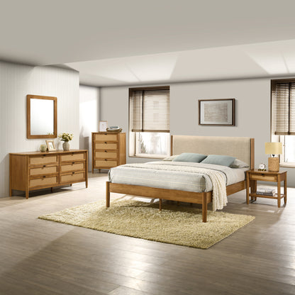 Vichy 5-Piece Wood Rattan Bedroom Set Upholstered Queen Bed, Dresser, Mirror, Nightstand, and Chest Bedroom Set