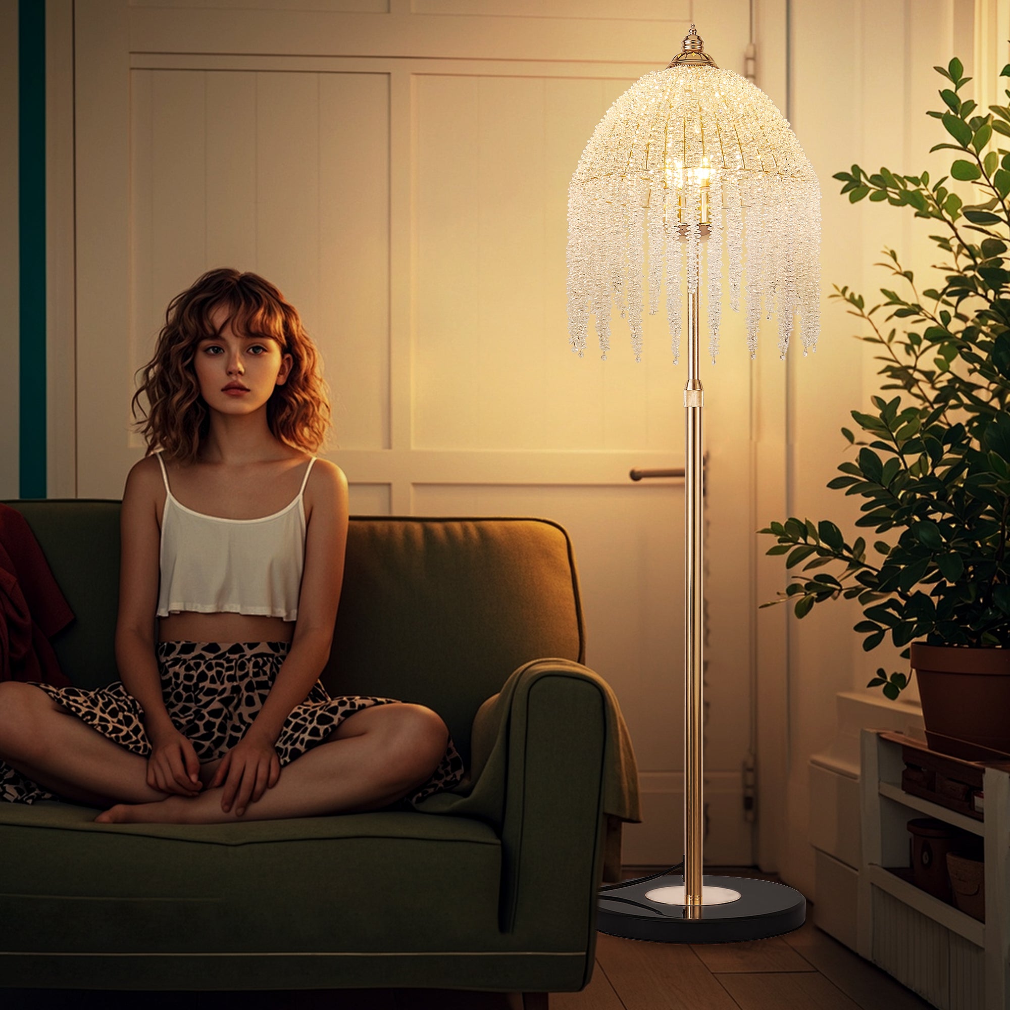 3-Light Elegant Crystal Floor Lamp – Vintage Waterfall Design with Cascading Crystal Beads and Marble Texture Base for Living Room, Bedroom, or Office Décor (Bulb Not Included)