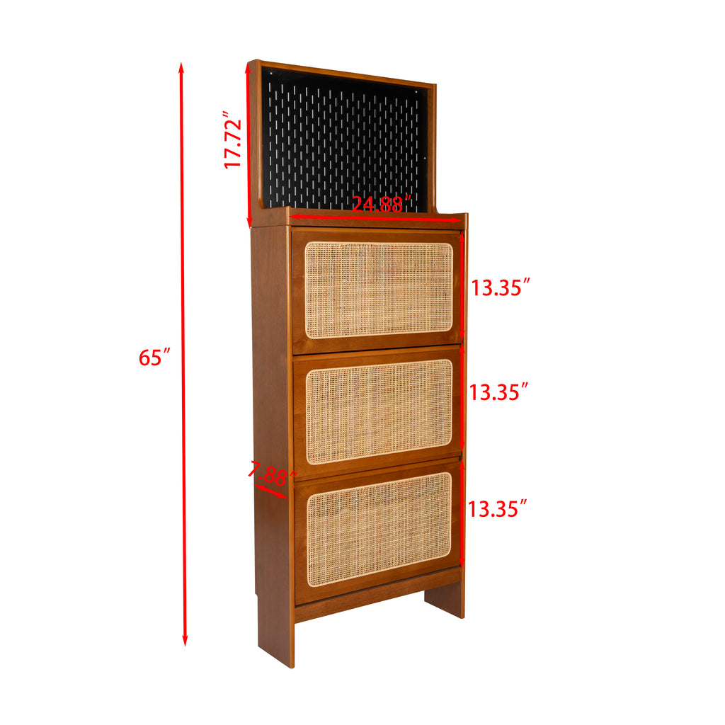 Rattan Shoe Cabinet for Entryway, Free Standing Shoe Rack with 3 Flip Drawers & Black Pegboard, Hidden Narrow Shoe Cabinet for Entrance Hallway, 24.88"W x 7.88" D x 65"H