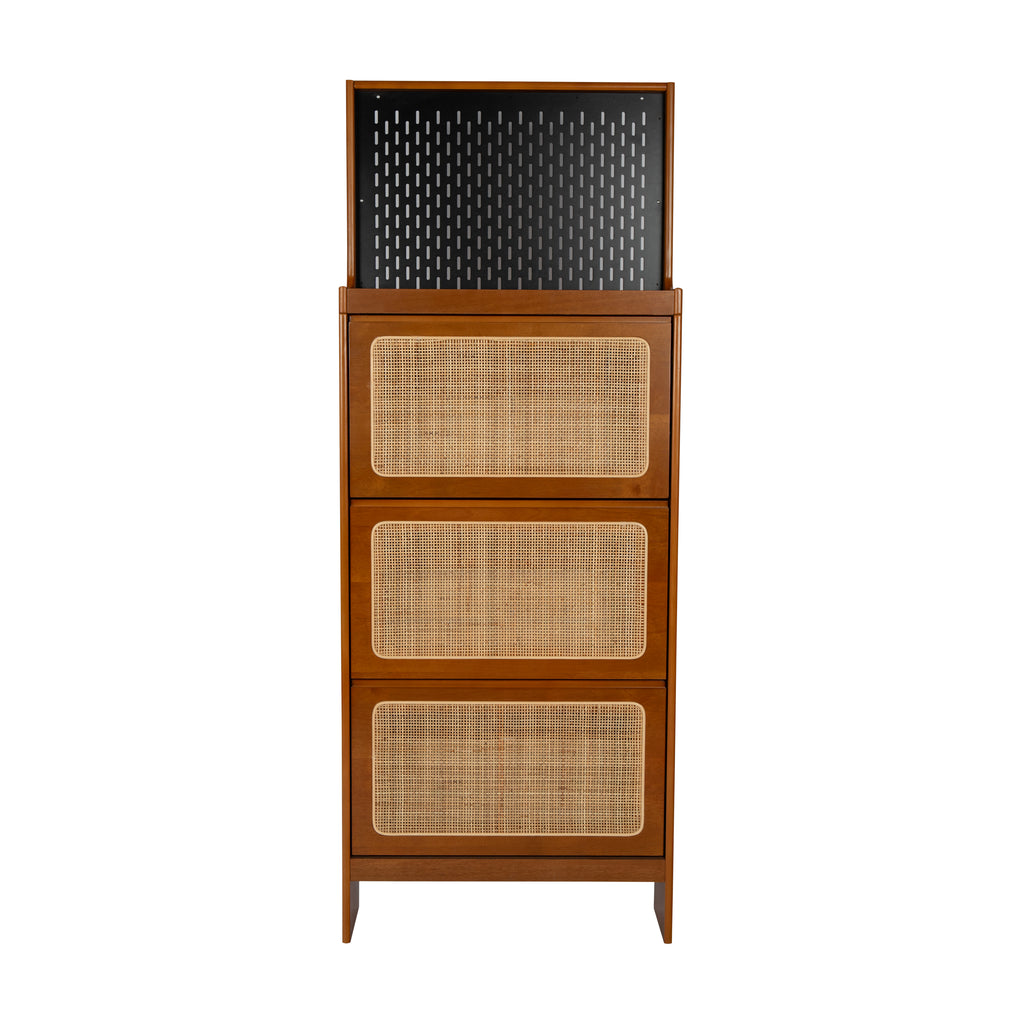Rattan Shoe Cabinet for Entryway, Free Standing Shoe Rack with 3 Flip Drawers & Black Pegboard, Hidden Narrow Shoe Cabinet for Entrance Hallway, 24.88"W x 7.88" D x 65"H