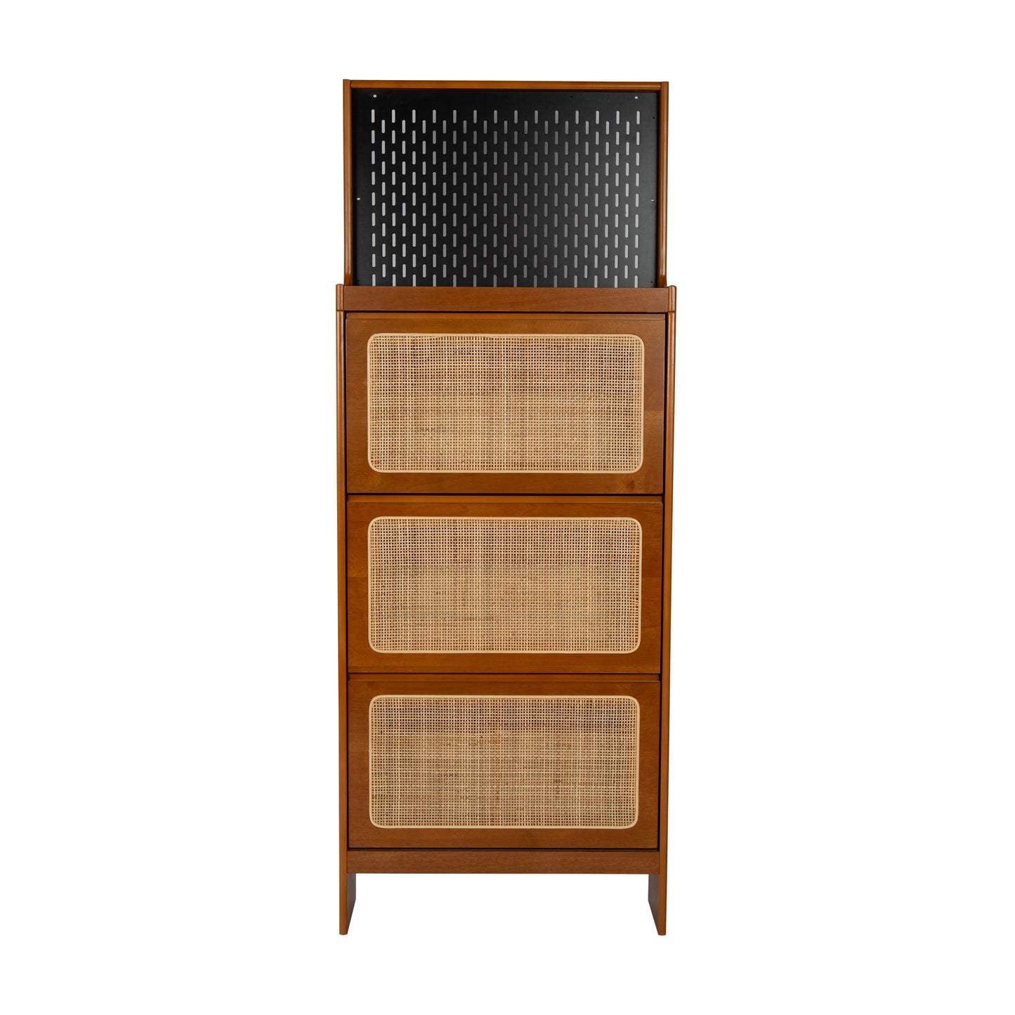 Rattan Shoe Cabinet for Entryway, Free Standing Shoe Rack with 3 Flip Drawers & Black Pegboard, Hidden Narrow Shoe Cabinet for Entrance Hallway, 24.88"W x 7.88" D x 65"H