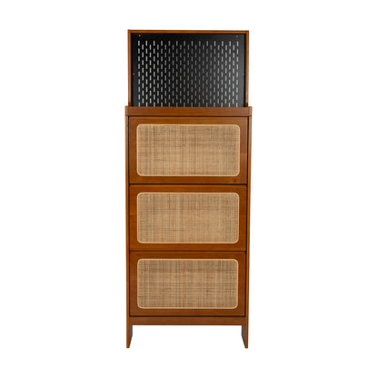 Rattan Shoe Cabinet for Entryway, Free Standing Shoe Rack with 3 Flip Drawers & Black Pegboard, Hidden Narrow Shoe Cabinet for Entrance Hallway, 24.88"W x 7.88" D x 65"H