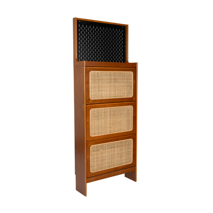 Rattan Shoe Cabinet for Entryway, Free Standing Shoe Rack with 3 Flip Drawers & Black Pegboard, Hidden Narrow Shoe Cabinet for Entrance Hallway, 24.88"W x 7.88" D x 65"H