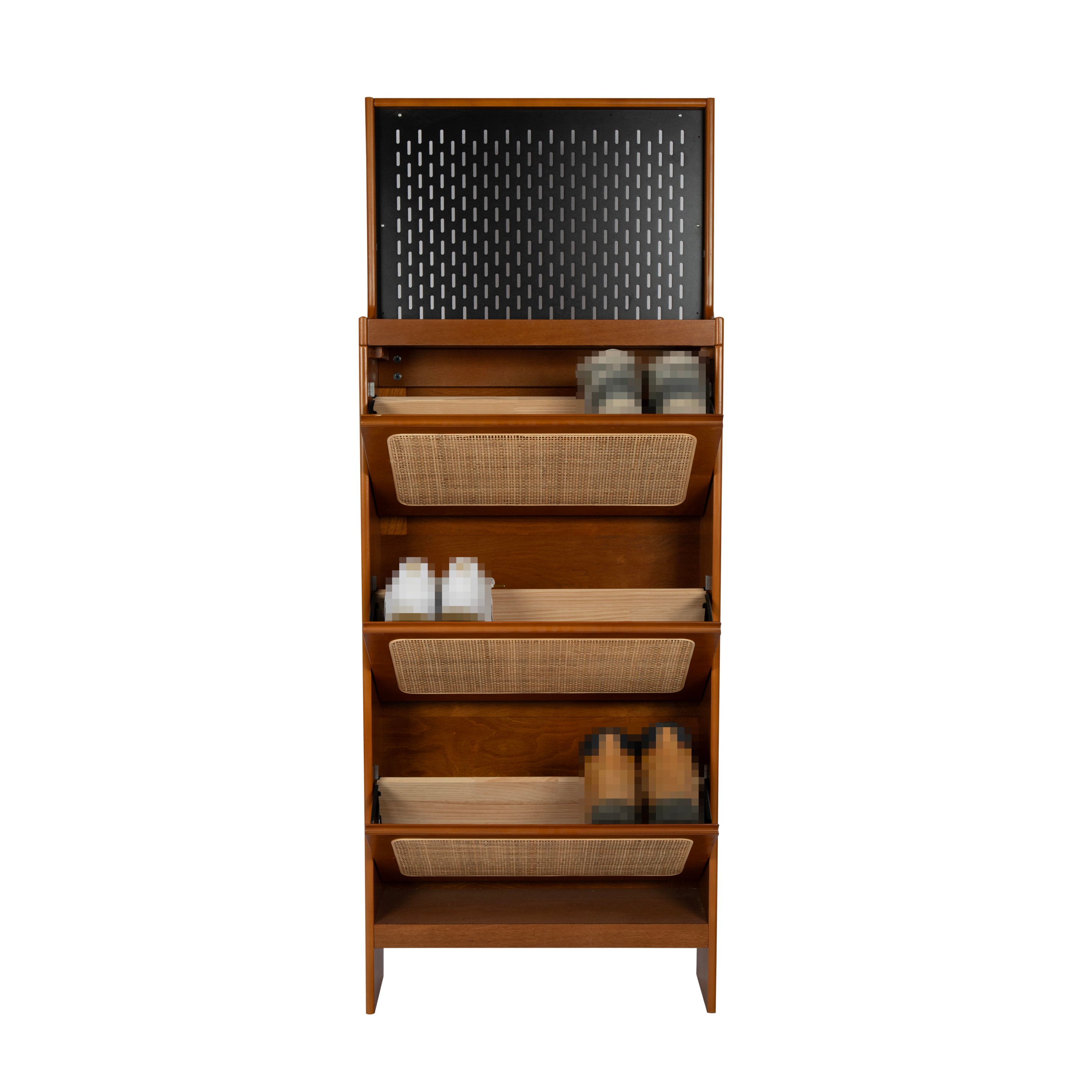 Rattan Shoe Cabinet for Entryway, Free Standing Shoe Rack with 3 Flip Drawers & Black Pegboard, Hidden Narrow Shoe Cabinet for Entrance Hallway, 24.88"W x 7.88" D x 65"H