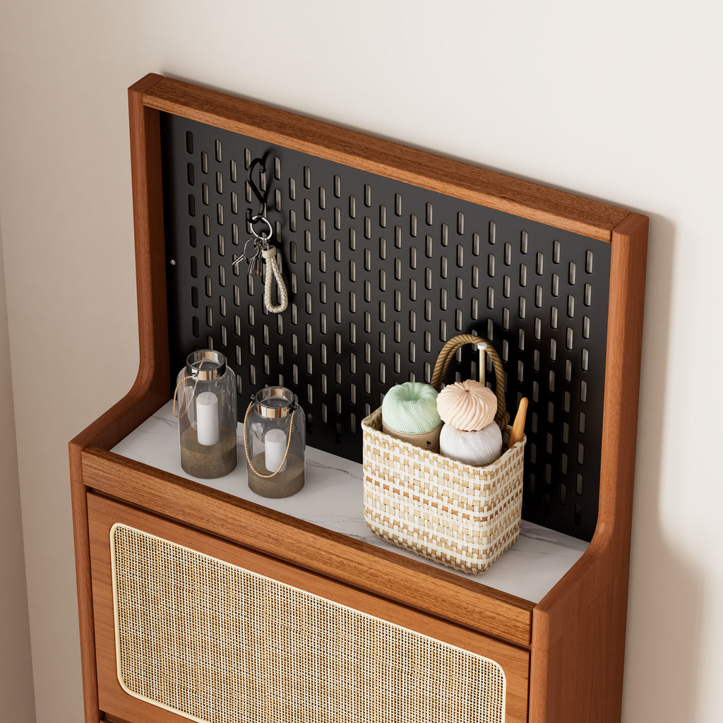 Rattan Shoe Cabinet for Entryway, Free Standing Shoe Rack with 3 Flip Drawers & Black Pegboard, Hidden Narrow Shoe Cabinet for Entrance Hallway, 24.88"W x 7.88" D x 65"H