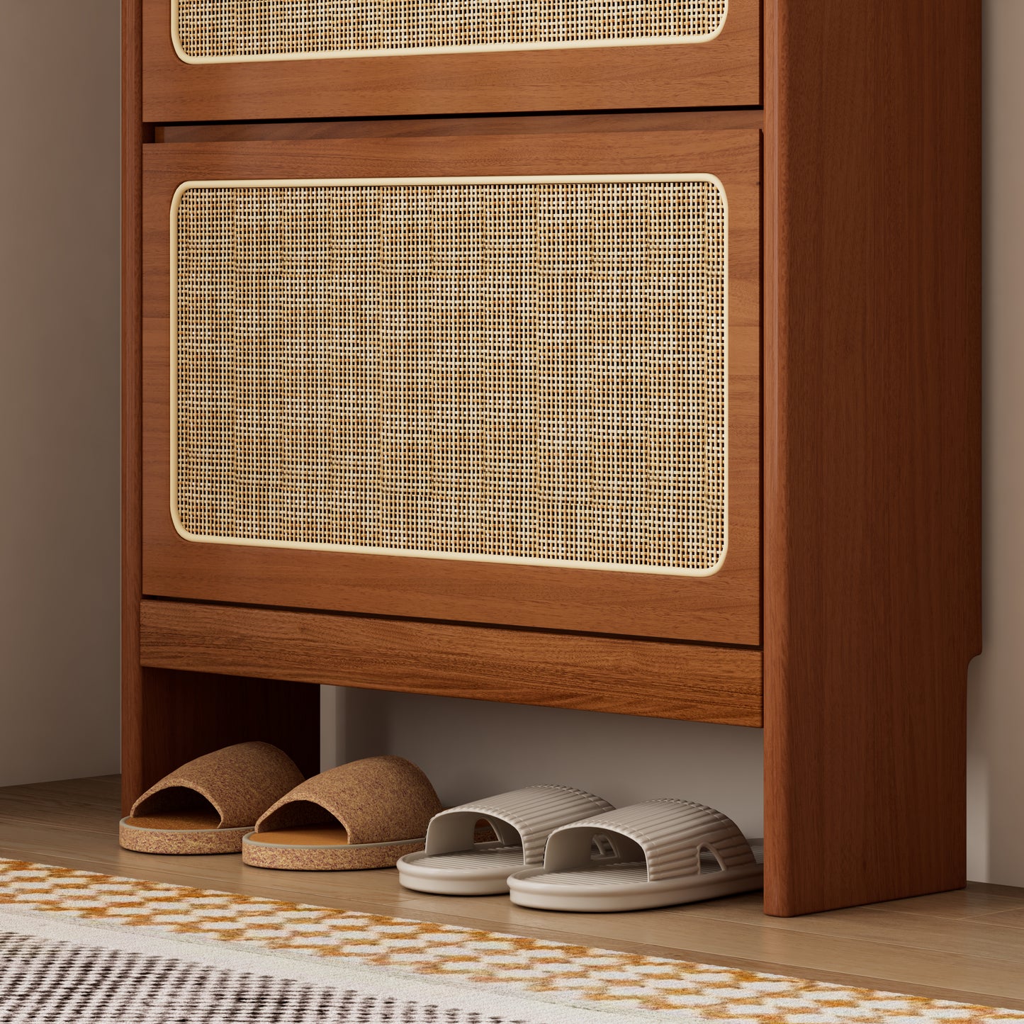 Rattan Shoe Cabinet for Entryway, Free Standing Shoe Rack with 3 Flip Drawers & Black Pegboard, Hidden Narrow Shoe Cabinet for Entrance Hallway, 24.88"W x 7.88" D x 65"H