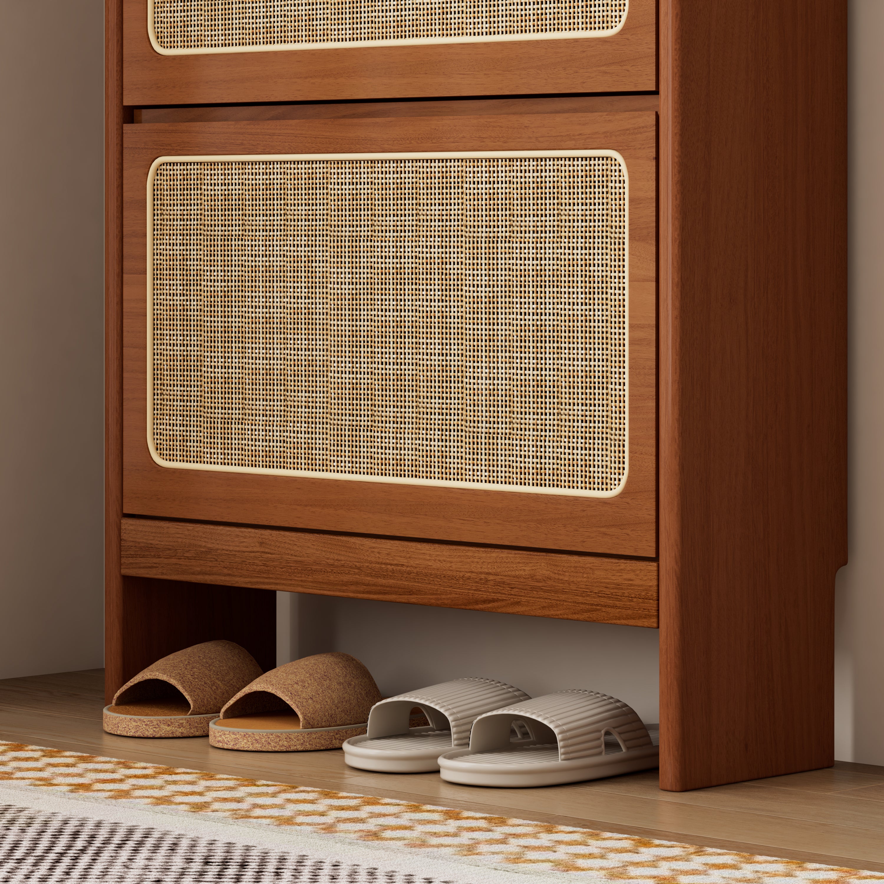 Rattan Shoe Cabinet for Entryway, Free Standing Shoe Rack with 3 Flip Drawers & Black Pegboard, Hidden Narrow Shoe Cabinet for Entrance Hallway, 24.88"W x 7.88" D x 65"H