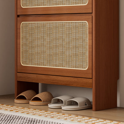 Rattan Shoe Cabinet for Entryway, Free Standing Shoe Rack with 3 Flip Drawers & Black Pegboard, Hidden Narrow Shoe Cabinet for Entrance Hallway, 24.88"W x 7.88" D x 65"H