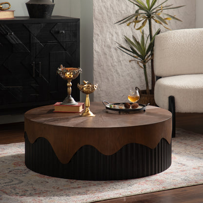 38.97' Round Coffee Table Handcrafted Relief Sturdy Pedestal Wooden Tea Table for Living Room no need to Assemble