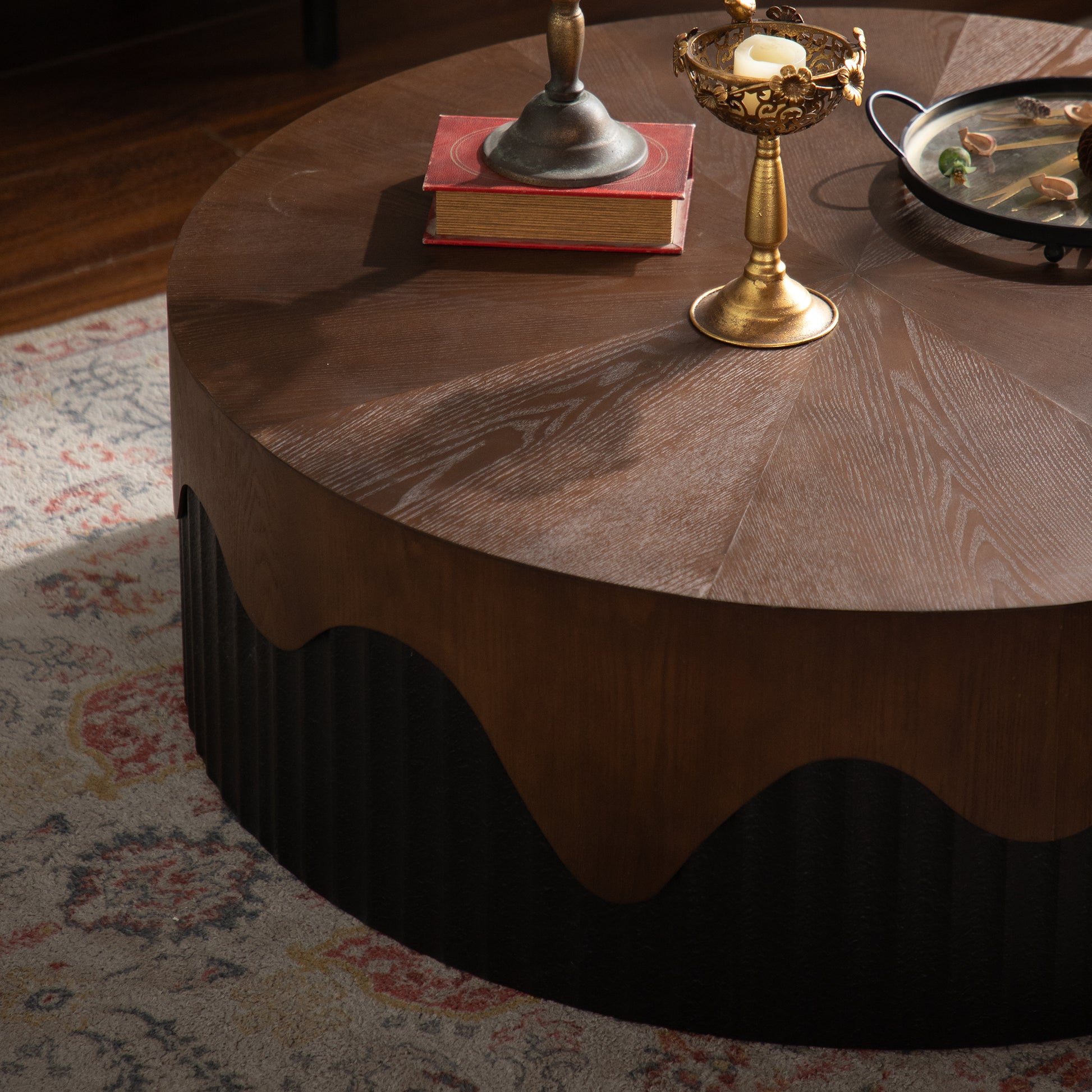 38.97' Round Coffee Table Handcrafted Relief Sturdy Pedestal Wooden Tea Table for Living Room no need to Assemble