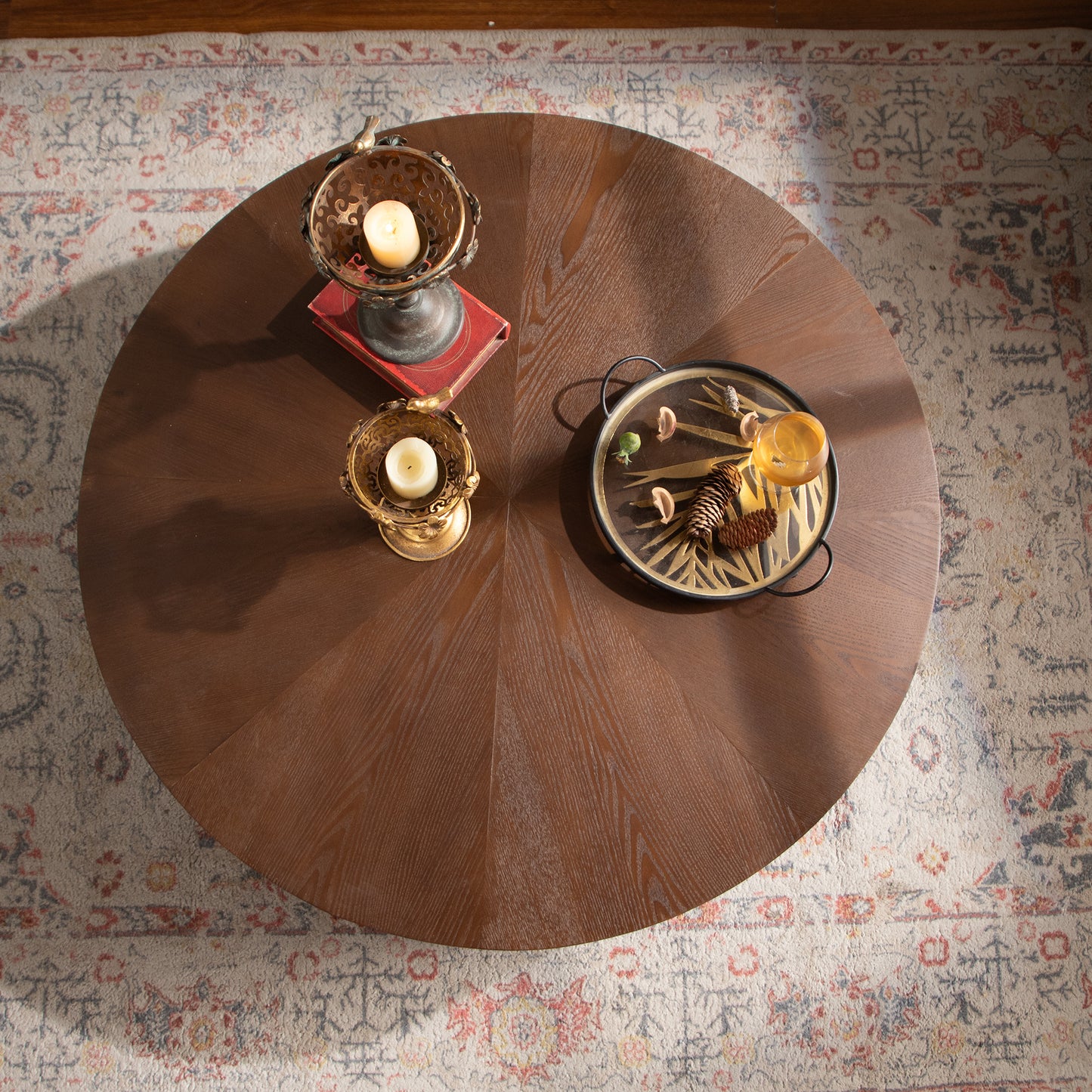 38.97' Round Coffee Table Handcrafted Relief Sturdy Pedestal Wooden Tea Table for Living Room no need to Assemble