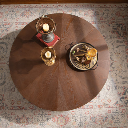 38.97' Round Coffee Table Handcrafted Relief Sturdy Pedestal Wooden Tea Table for Living Room no need to Assemble