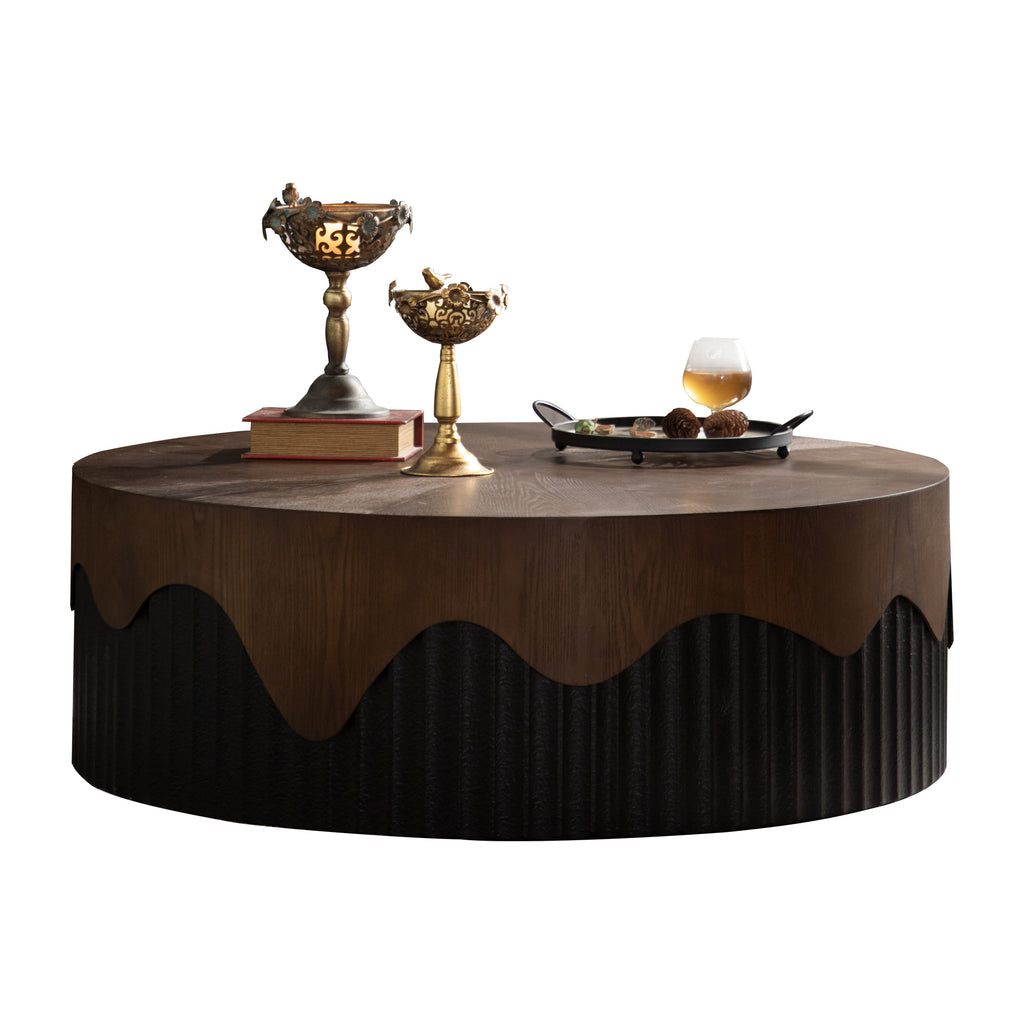 38.97' Round Coffee Table Handcrafted Relief Sturdy Pedestal Wooden Tea Table for Living Room no need to Assemble